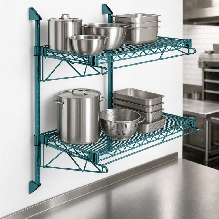Product image #3 for Quantum Green Epoxy Wall-Mount Cantilever Double Wire Shelving Unit, 48 x 14 Inches