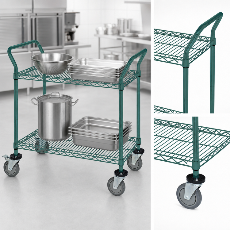 Product image #3 for Quantum 42" x 21" 2-Shelf Wire Bus Cart with U-Handles and Swivel Casters