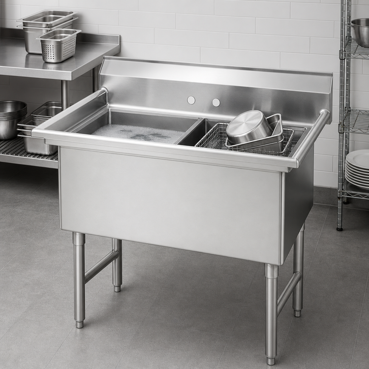 Product image #3 for Advance Tabco 2-Compartment Fabricated Sink with 24" x 24" Bowls, 304 Stainless Steel, No Drainboards
