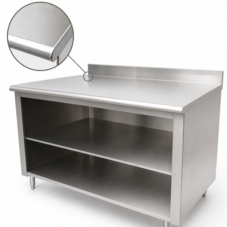 Product image #3 for 96 Inch x 24 Inch Stainless Steel Work Table with Open Front Cabinet Base, Mid-Shelf, and 5 Inch Backsplash