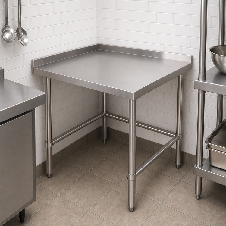 Product image #3 for Klinger's Trading 30-Inch x 30-Inch Stainless Steel Corner Work Table with Open Base and 2-Inch Rear Up-Turn