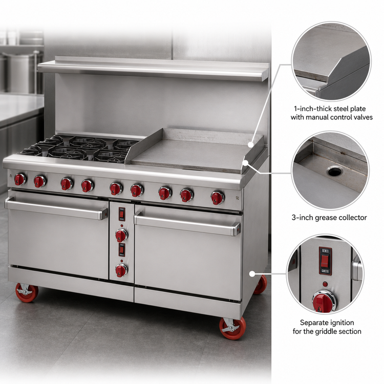 Product image #3 for American Range 60-Inch Green Flame Commercial Gas Range with 36-Inch Griddle, 4 Open Burners, Convection Oven and Space Saver Oven