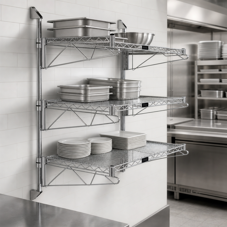Product image #3 for Quantum Wall-Mounted Cantilever Wire Shelf Starter Unit with 3 Shelves, 54-Inch Posts and Chrome Plated Finish