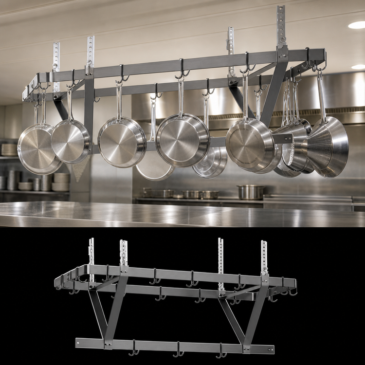 Product image #3 for Eagle Group 88-Inch Wide Triple-Bar Stainless Steel Ceiling-Mounted Pot Rack