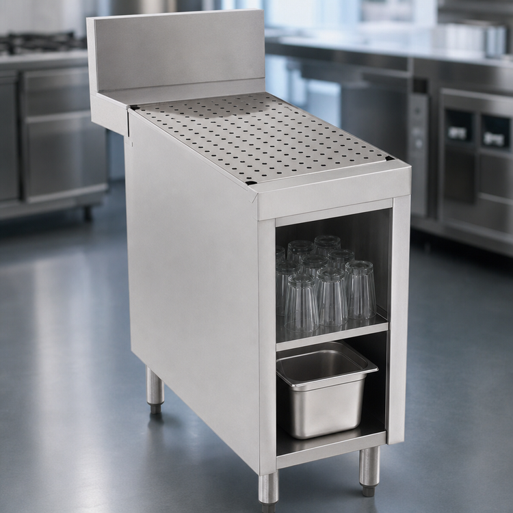Product image #3 for Advance Tabco Prestige Supreme 12-Inch Wide Open Front Stainless Steel Underbar Drainboard Cabinet