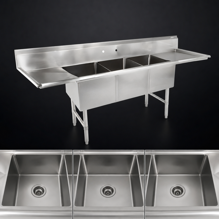 Product image #3 for John Boos B Series 3-Compartment Stainless Steel Sink with Left and Right Drainboards