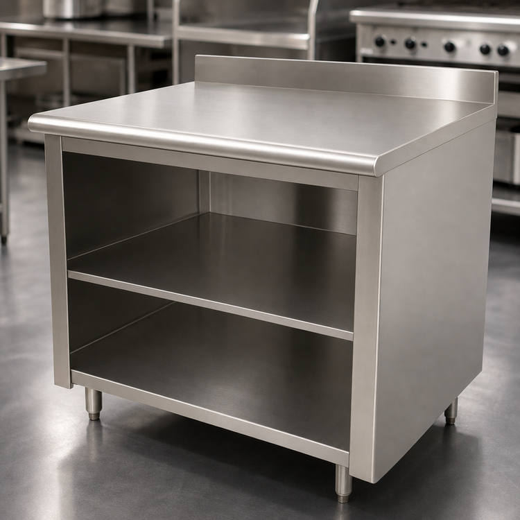 Product image #3 for Advance Tabco 72-Inch x 24-Inch 14-Gauge 304 Stainless Steel Work Table with Open Front Cabinet Base, Mid-Shelf, and 5-Inch Backsplash