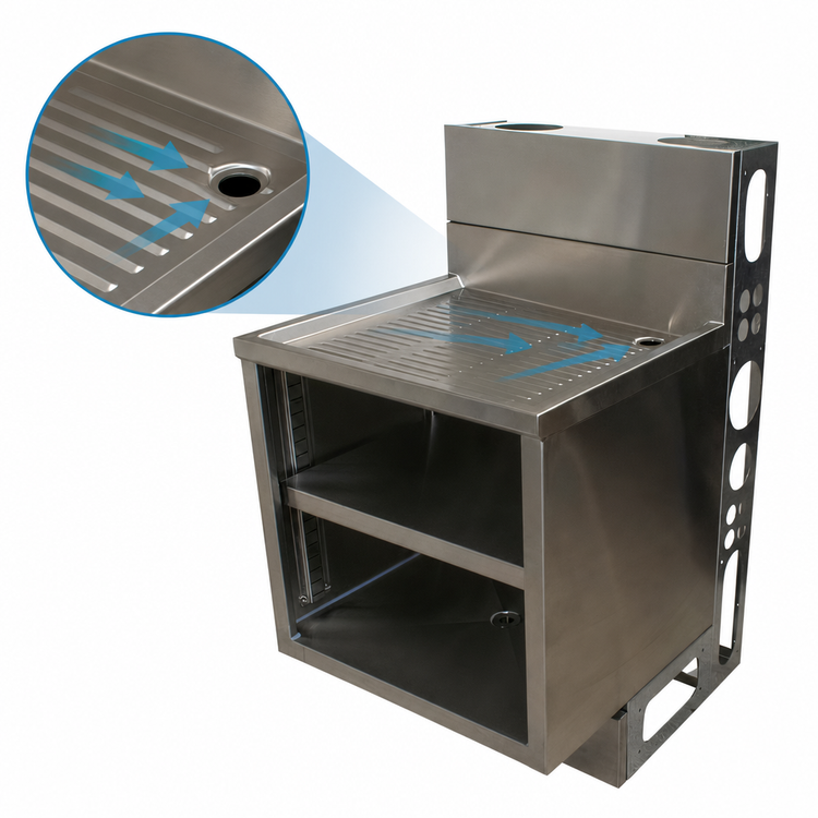 Product image #4 for BK Resources UBDW-21-GC241 24-Inch Stainless Steel Underbar Glass Rack Cabinet with Drainboard Top, Adjustable Shelf, and 3-Inch Backsplash