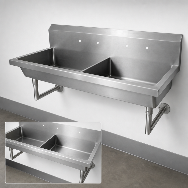 Product image #3 for BK Resources Two Station Wall Mounted Stainless Steel Hand Wash Sink, 60 Inch
