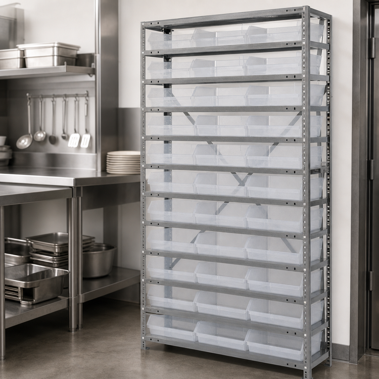 Product image #3 for Quantum Heavy-Duty Stationary Wire Shelving Unit, 36W x 18D x 75H, with 13 Shelves and 36 Clear Bins