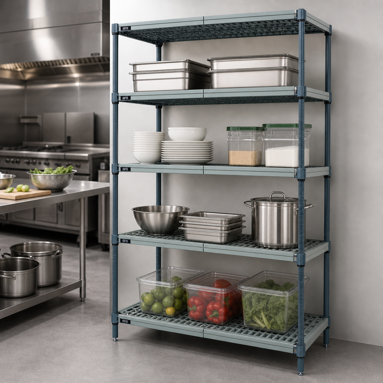 Product image #3 for Quantum 4-Tier Stationary Wire Plastic Mat Shelving Unit, 48 x 14 x 86 Inches