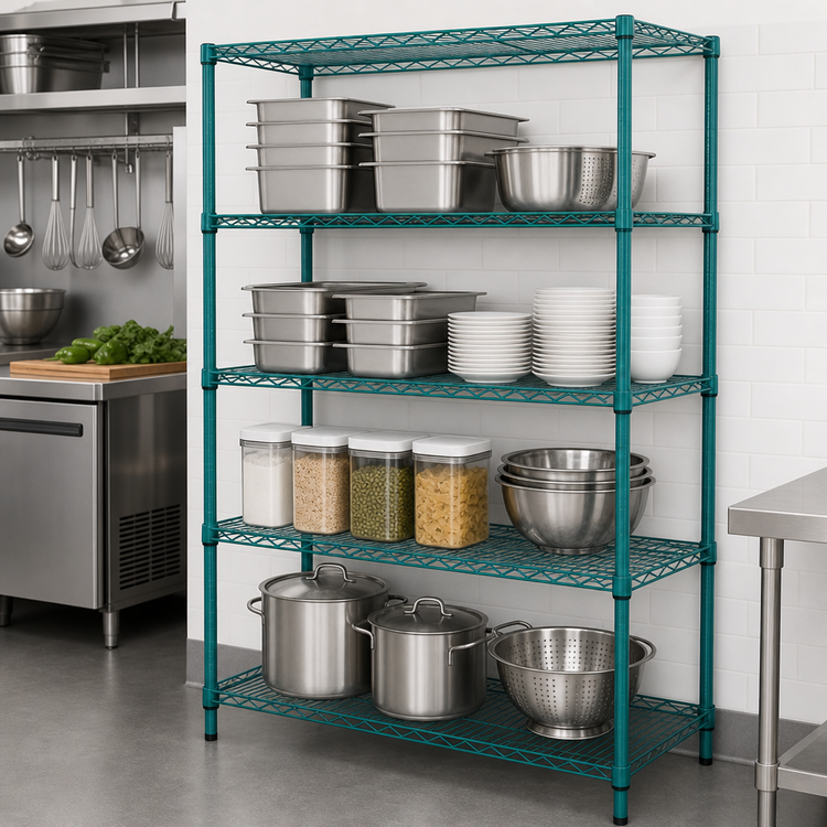 Product image #3 for Quantum 4-Tier Stationary Wire Shelving Unit, 36W x 18D x 72H, Green Epoxy Antimicrobial Finish