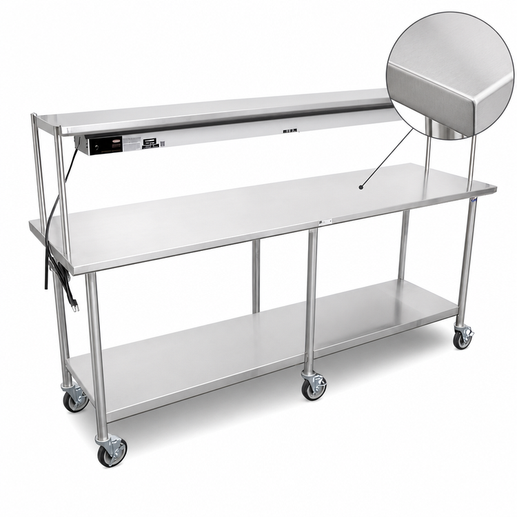 Product image #4 for John Boos Mobile Stainless Steel Expediting Work Table with Infrared Food Warmer, Overshelf, and Locking Casters, 84 x 24 x 54 Inches