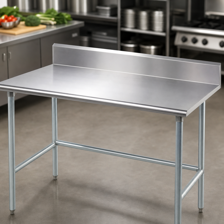 Product image #3 for Advance Tabco 120-Inch x 24-Inch 14-Gauge 304 Stainless Steel Work Table with 5-Inch Backsplash and Galvanized Open Base