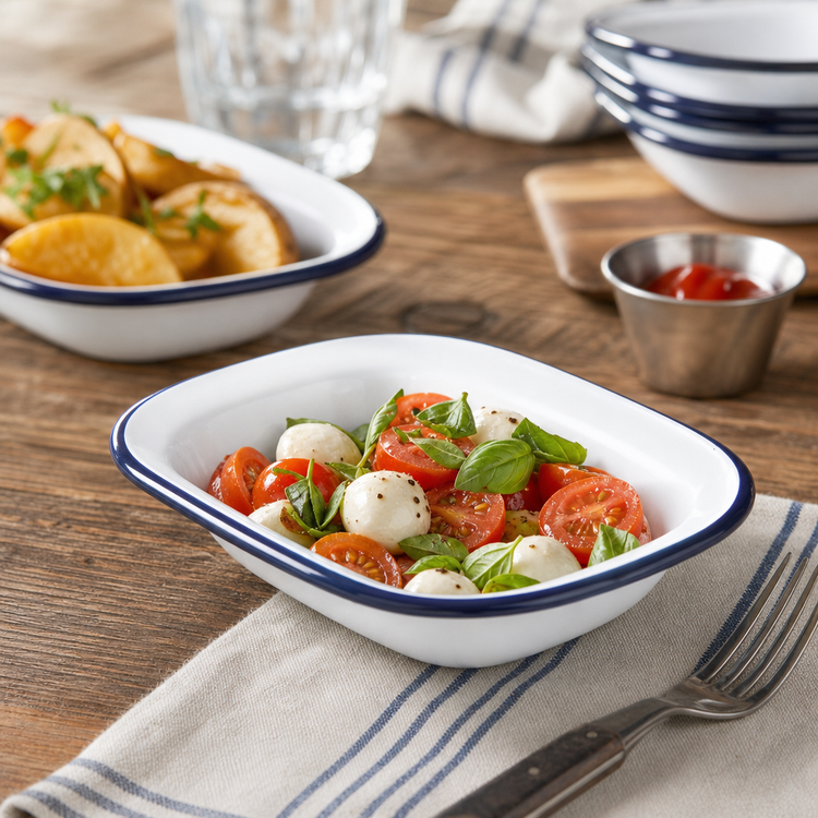 Product image #3 for American Metalcraft 8 oz. Oblong Enamelware Bowl, White with Blue Rim