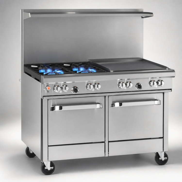 Product image #3 for 48-Inch Commercial Gas Restaurant Range with 2 Non-Clog Burners, 36-Inch Griddle, Standard Oven, and Cabinet Base