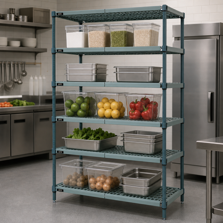 Product image #3 for Quantum 5-Tier Stationary Wire Plastic Mat Shelving Unit, 48W x 21D x 86H, Green Epoxy