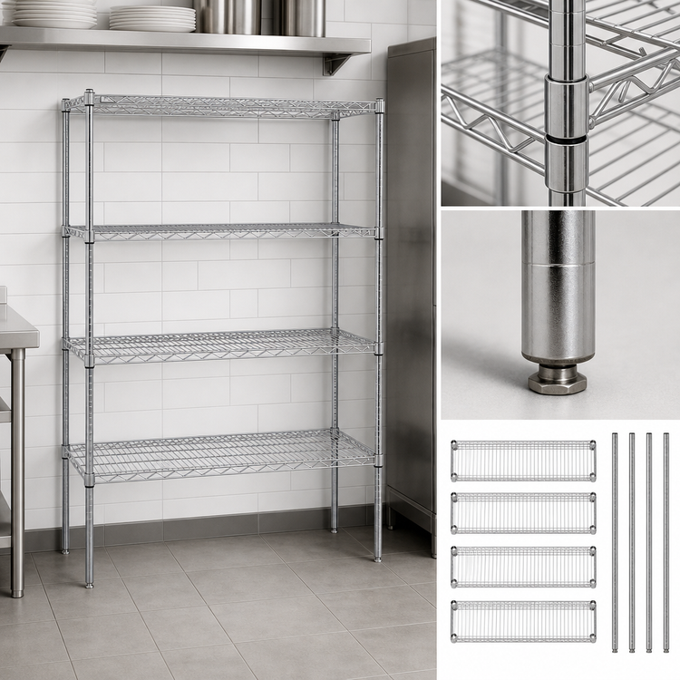 Product image #3 for Quantum 4-Shelf Stationary Wire Shelving Starter Kit, 72 x 12 x 54 Inch, Chrome Plated