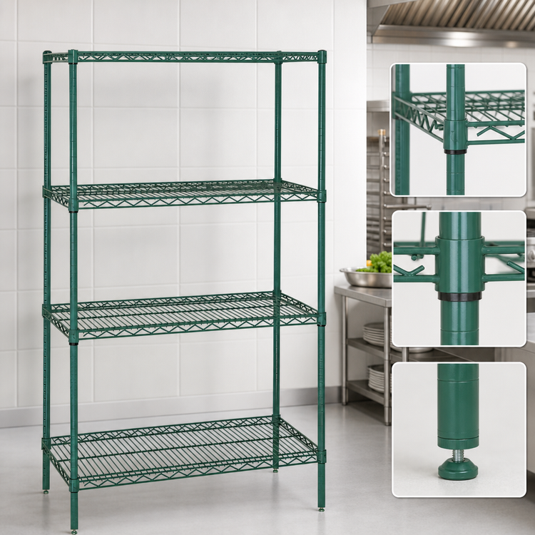 Product image #3 for Quantum 60-Inch Wide x 14-Inch Deep x 63-Inch High Stationary Wire Shelving Starter Kit, 4-Shelf, Green Epoxy