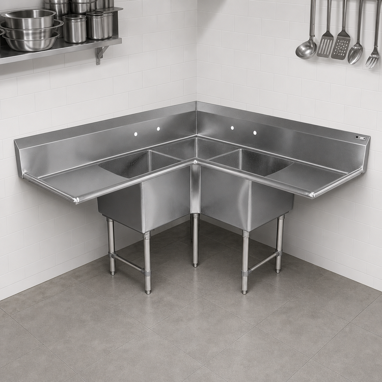 Product image #3 for John Boos Pro-Bowl 3-Compartment Corner Sink with Dual 18 Inch Drainboards, 62-1/2 x 62-1/2 Inch Stainless Steel
