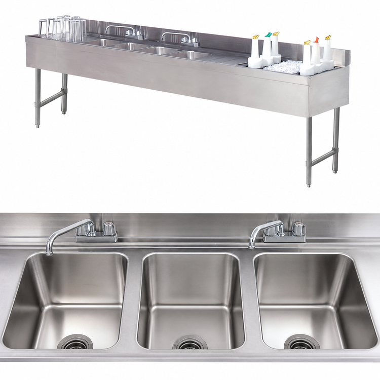 Product image #3 for Advance Tabco Underbar Basics 96-Inch Stainless Steel 3-Compartment Bar Sink and Ice Bin Combo with Deck Mount Faucet, Right Ice Bin