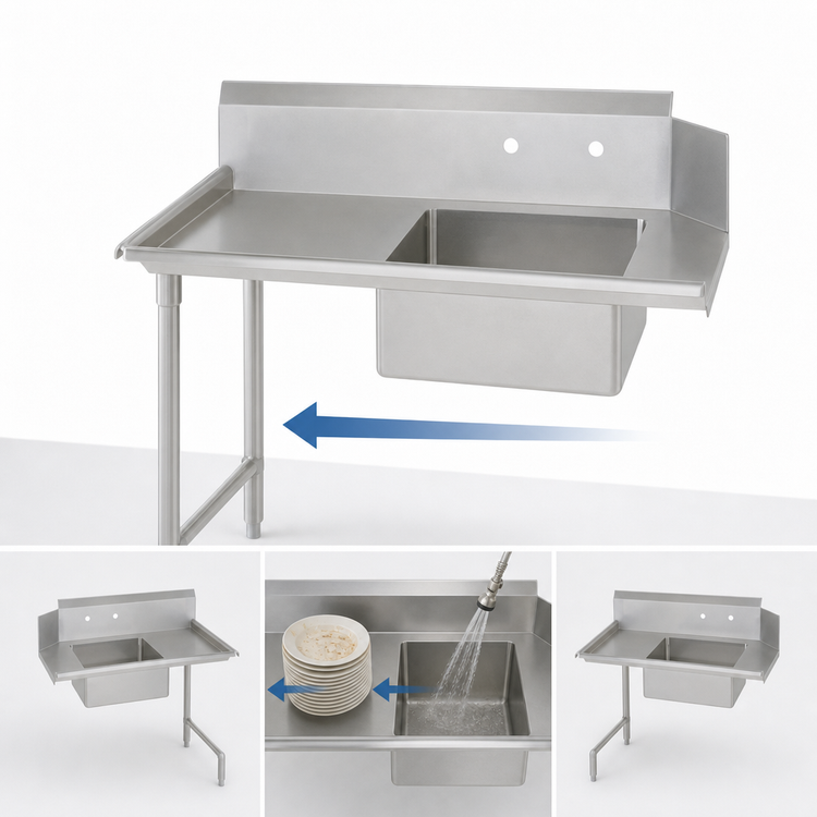 Product image #3 for John Boos Soiled Straight Dish Table with 20 x 20 x 8 Inch Pre-Rinse Sink, Right-to-Left Operation