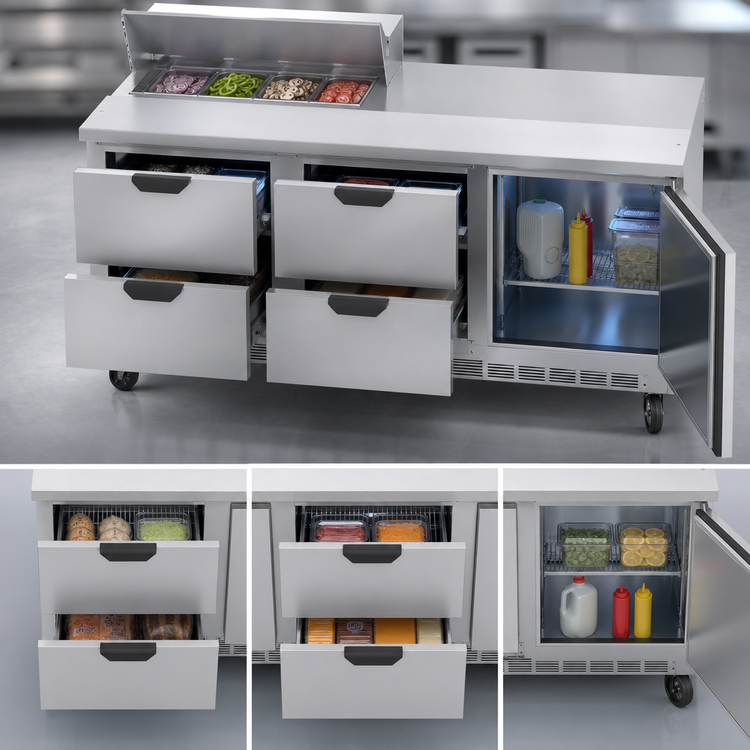 Product image #4 for Beverage-Air 72-Inch Three-Section Sandwich Top Refrigerated Counter with 8-Pan Top, 4 Drawers, and 1 Door