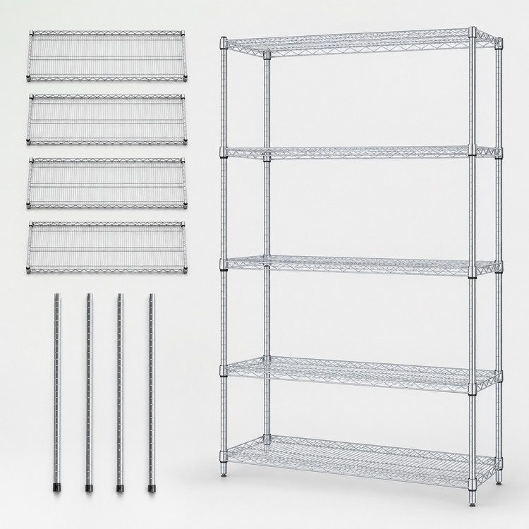 Product image #3 for Quantum Stationary Wire Shelving Starter Kit, 54" x 21" x 54", Chrome Plated, 5 Shelves