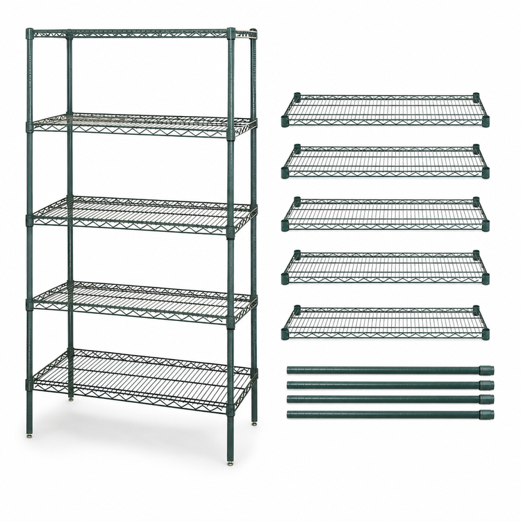 Product image #3 for Quantum 60 x 24 x 63 Inch 5-Shelf Wire Shelving Starter Kit, Green Epoxy Antimicrobial