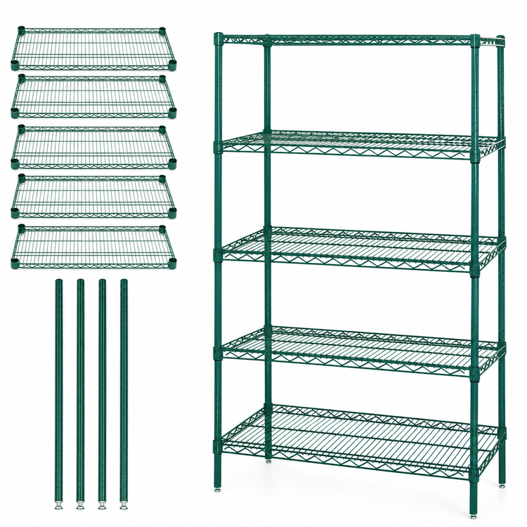 Product image #3 for Quantum 5-Shelf Stationary Wire Shelving Starter Kit, 48"W x 14"D x 54"H, Green Epoxy Finish