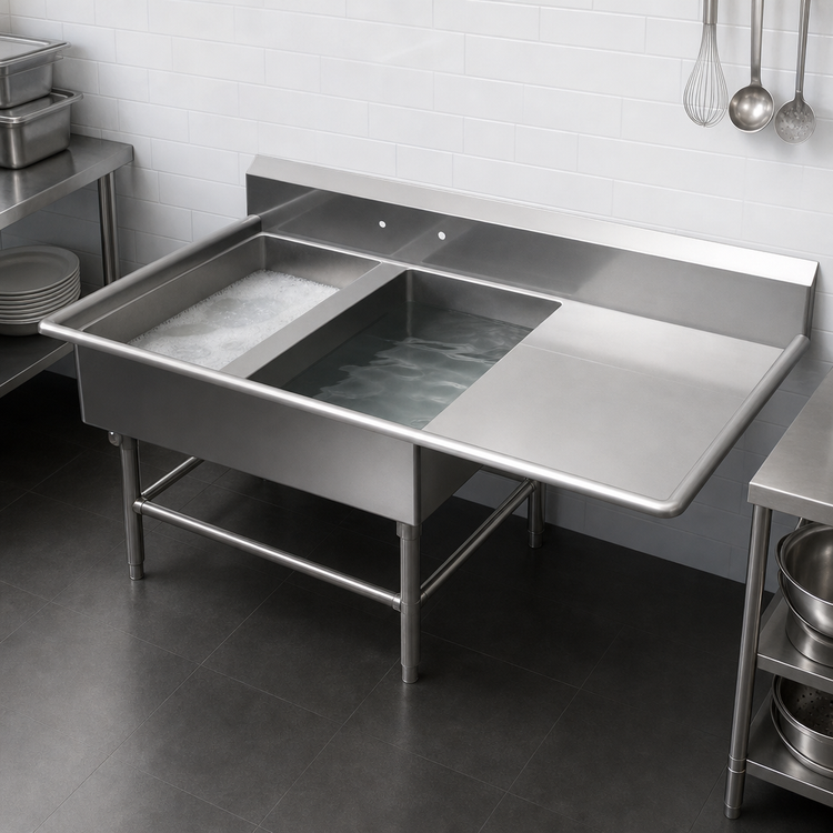 Product image #3 for John Boos Pro-Bowl 2-Compartment Floor Model Sink with Right Drainboard, 64-3/16" x 33-1/2", 12" Deep Bowls