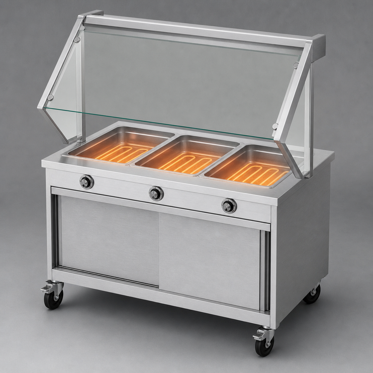 Product image #3 for Vollrath 2-Series Portable 3-Well Hot Food Station with Buffet Breath Guard and Enclosed Storage Base, Brushed Aluminum