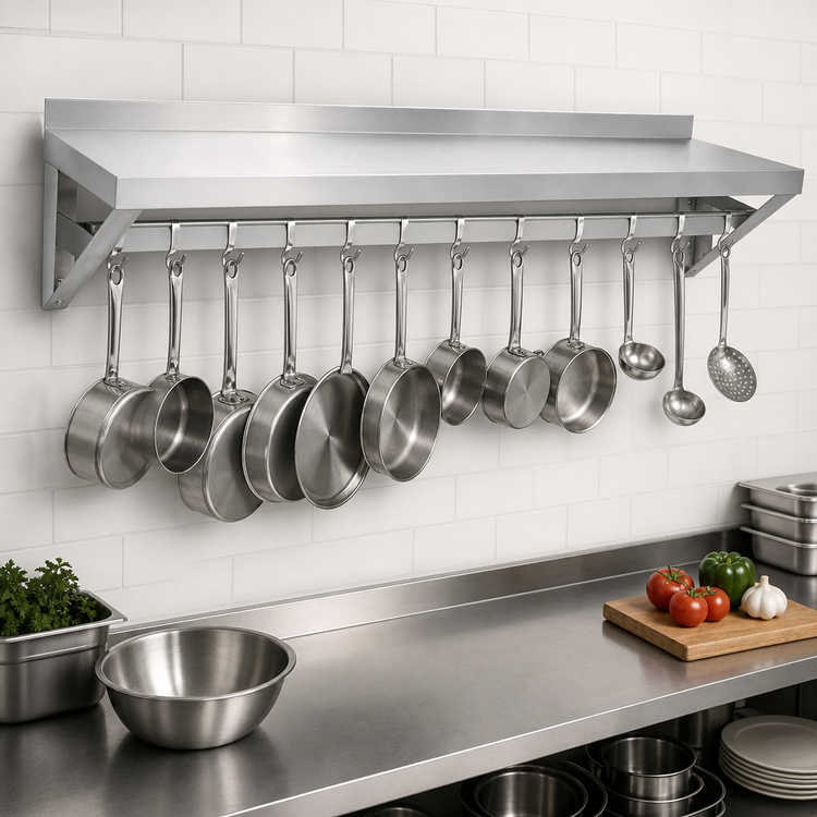 Product image #3 for 72-Inch Wall-Mount Stainless Steel Overshelf Pot Rack with 18 Double-Sided Hooks