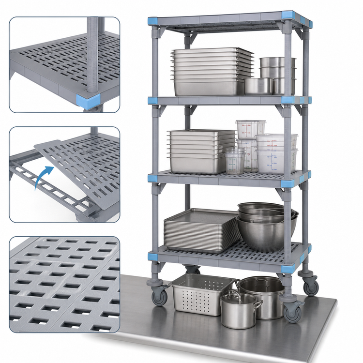 Product image #3 for Quantum Millenia Mobile Polymer Shelving Starter Unit with 4 Shelves, 42W x 18D x 62H
