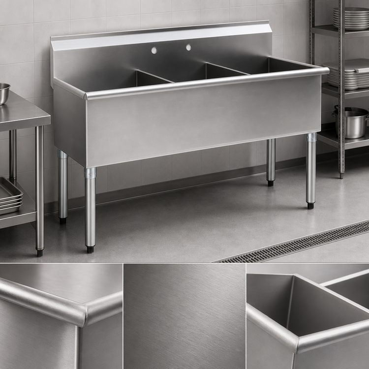 Product image #3 for Three-Compartment Utility Sink, 55-3/8 Inch W x 22 Inch D, 304 Stainless Steel, No Drainboards