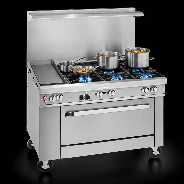 Product image #3 for Southbend Ultimate 36-Inch Commercial Gas Restaurant Range with 4 Star/Sauté Burners, 12-Inch Left Griddle, Cabinet Base, and 22-1/2-Inch Flue Riser