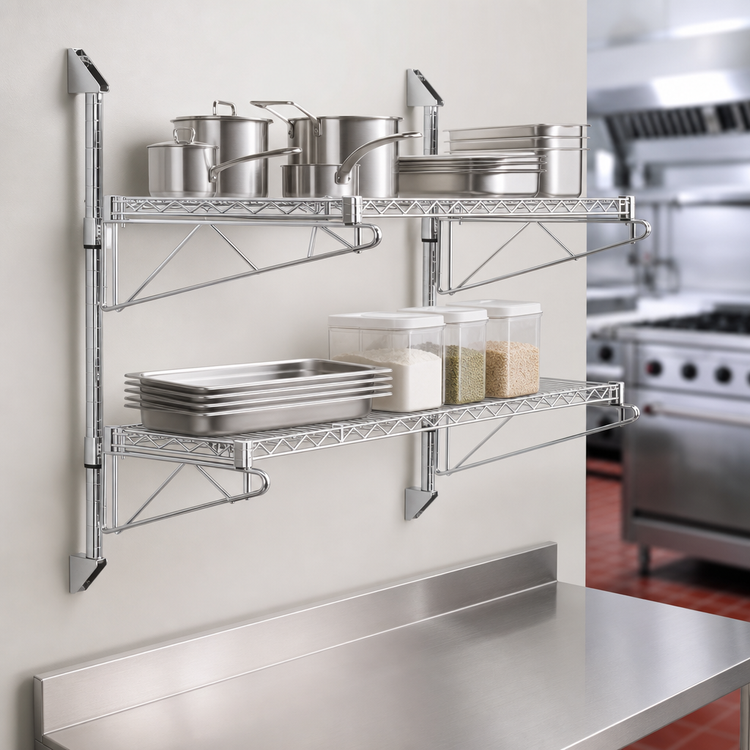 Product image #3 for Quantum Cantilever Double Shelf Wall-Mount Wire Shelving Unit with 48" x 12" Shelves, Chrome Plated