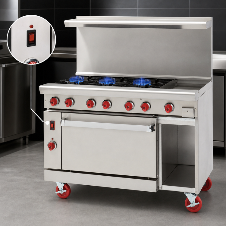 Product image #3 for American Range 48-Inch Green Flame Commercial Gas Range with 12-Inch Griddle, 6 Open Burners, Left Convection Oven, and Right Storage Base