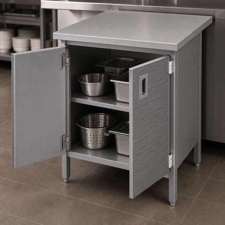 Product image #3 for John Boos Enclosed Work Table with Hinged Doors and Undershelf, 48 x 24 Inch, 14 Gauge 300-Series Stainless Steel Flat Top