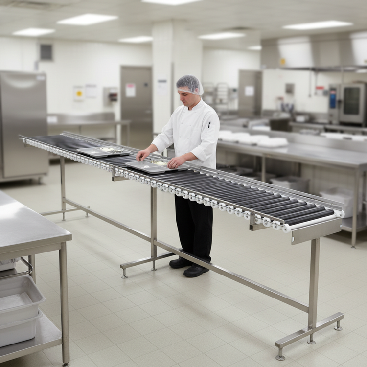 Product image #2 for Dinex DXIESRC8 Cantilever-Style 8 ft. Tray Make-Up Conveyor with PVC Rollers