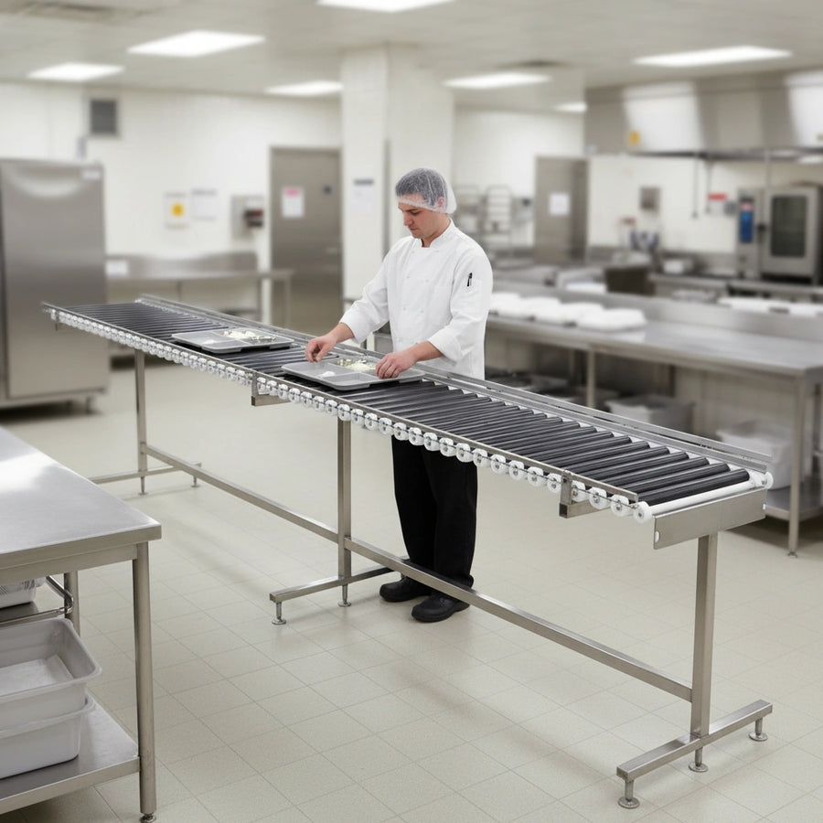 Experience ergonomic, unobstructed tray assembly with the innovative cantilever design of this 8 ft. tray make-up conveyor.