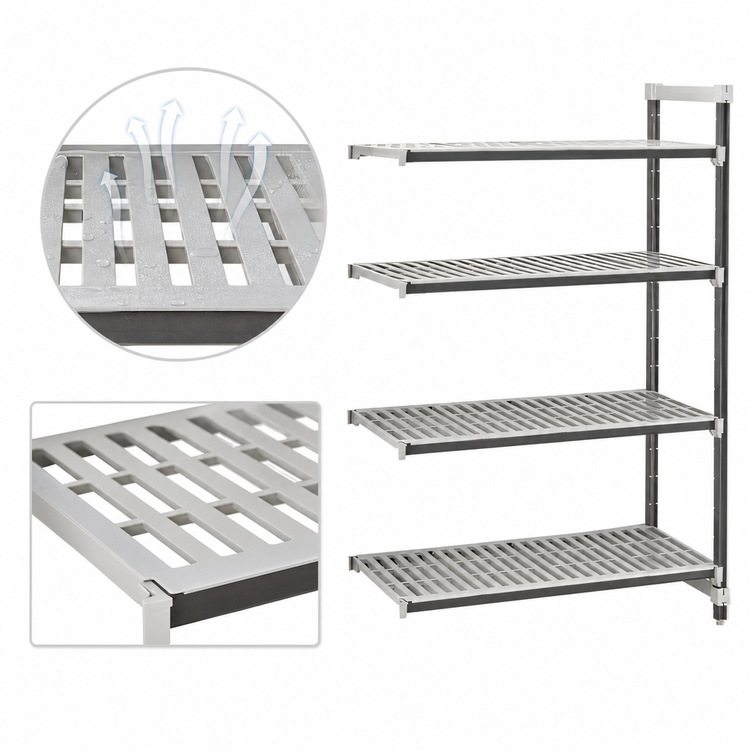 Product image #3 for Cambro Camshelving Elements XTRA 4-Tier Stationary Add-On Polymer Shelving Unit, 24" x 36" x 64", Vented, Speckled Gray