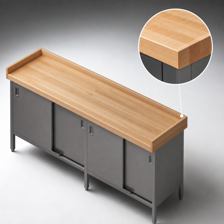 Product image #3 for John Boos Wood Top Work Table with Cabinet Base and Sliding Doors, 96 x 24 Inches, 1-3/4-Inch Thick Laminated Maple Top
