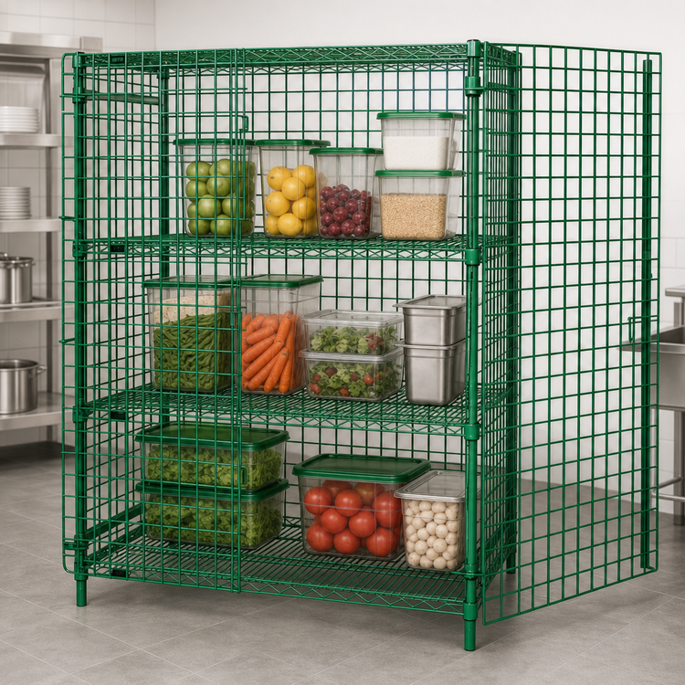 Product image #3 for Quantum Stationary Security Cage Unit with Panel Doors and 2 Intermediate Shelves, 48"W x 21"D x 63"H, Green Epoxy