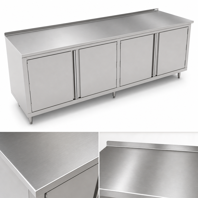 Product image #3 for John Boos 96 Inch x 30 Inch Cabinet Base Work Table with Hinged Doors, 16 Gauge Stainless Steel Top, and 1-1/2 Inch Rear Riser