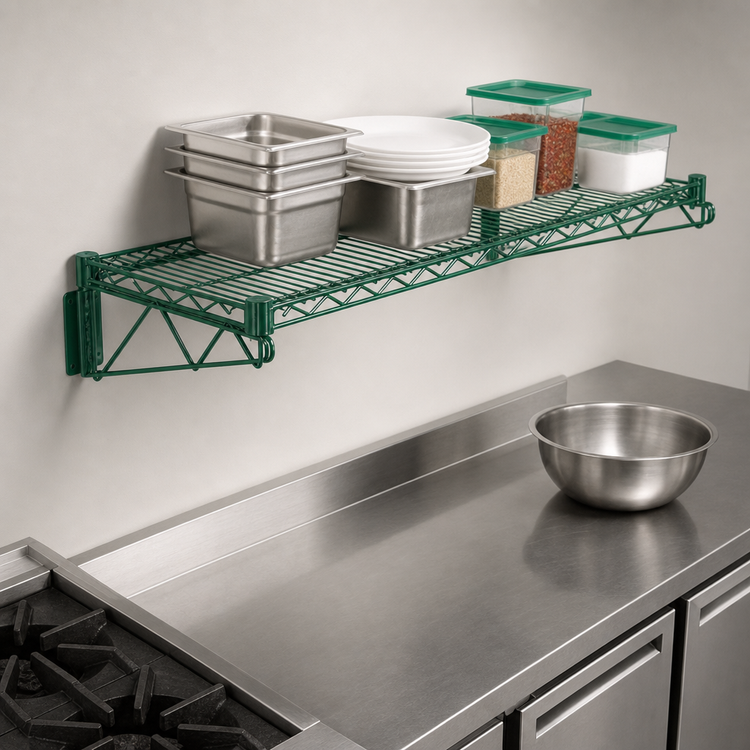 Product image #3 for Wall-Mounted Cantilever Single Wire Shelf Unit, 36 x 21 Inches, Green Epoxy Coated
