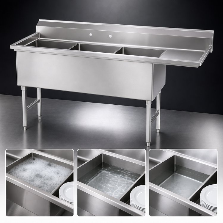 Product image #3 for 105-Inch 3-Compartment Fabricated Sink with Right Drainboard, 14-Gauge 304 Stainless Steel