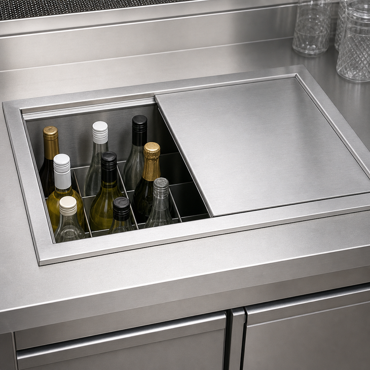 Product image #3 for Top Shelf 9-Bottle Underbar Bottle Well With 2-Piece Stainless Steel Sliding Cover, 36 Inch