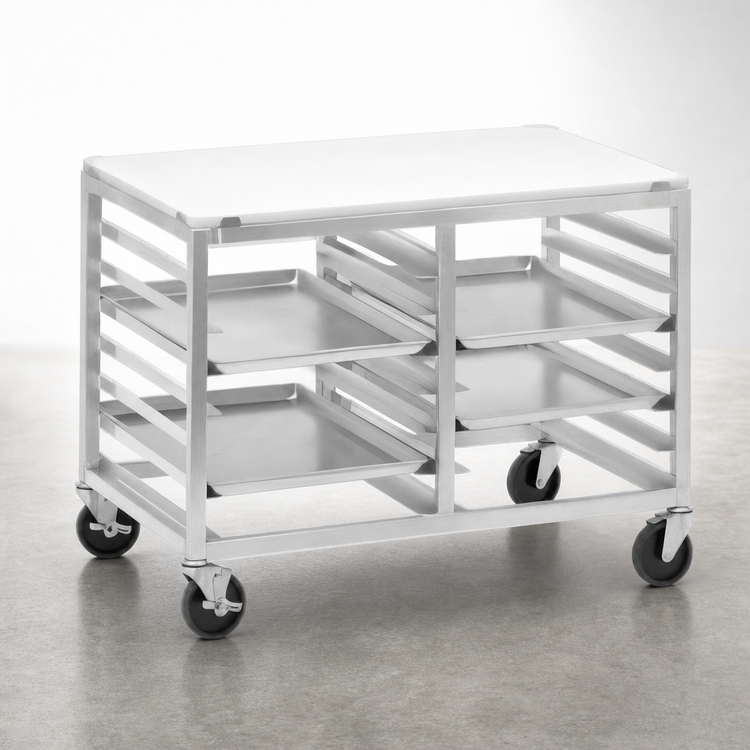 Product image #3 for Double-Section Aluminum Bun Pan Rack Work Table with Poly Top, End-Load Angle Slides, and 5-Inch Swivel Casters