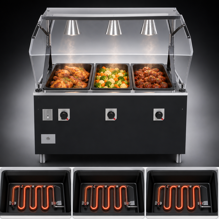 Product image #3 for Vollrath 2-Series Affordable Portable 3-Well Mobile Hot Food Station with Buffet Breath Guard and Enclosed Base